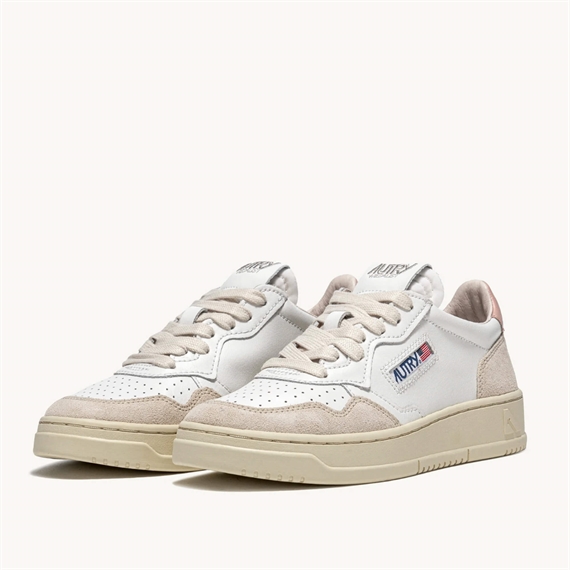 Autry Medalist Low Sneakers, White/Powder Leather & Beige Suede 
